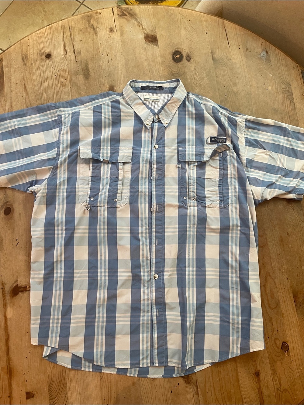 Columbia PFG Super Bahama Lite Blue & White Plaid Short-Sleeve Button Down Shirt